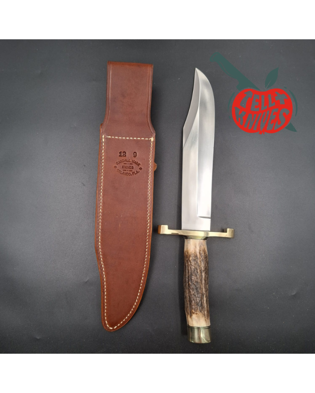 Randall Made Knives Model 12-9 Sportsman Bowie forged carbon steel stag handle brass guard and pommel brown leather sheath