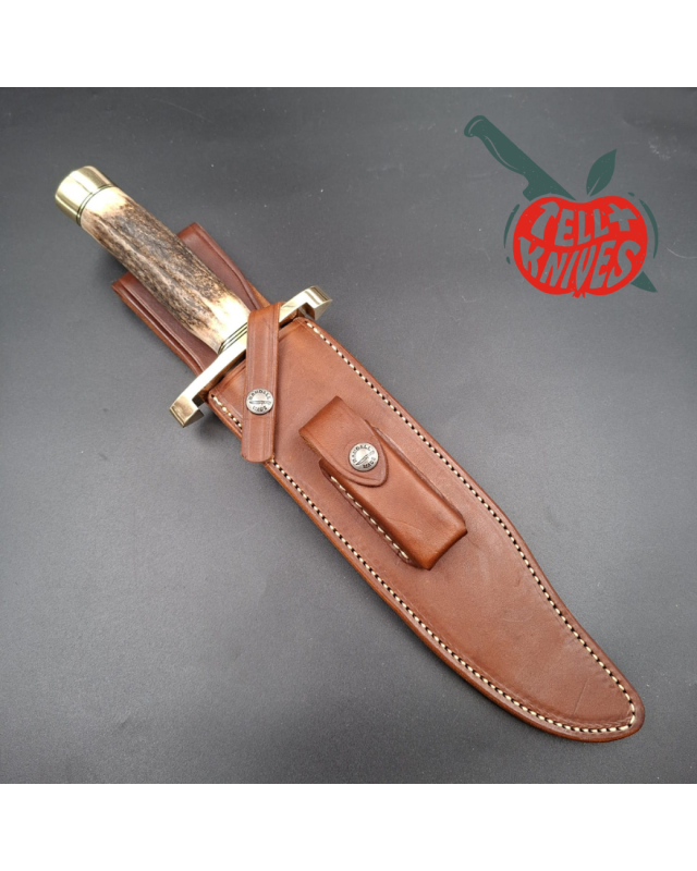 Randall Made Knives Model 12-9 Sportsman Bowie forged carbon steel stag handle brass guard and pommel brown leather sheath