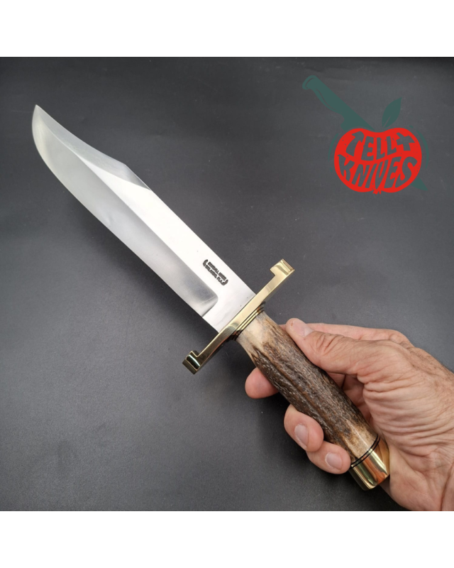 Randall Made Knives Model 12-9 Sportsman Bowie forged carbon steel stag handle brass guard and pommel brown leather sheath