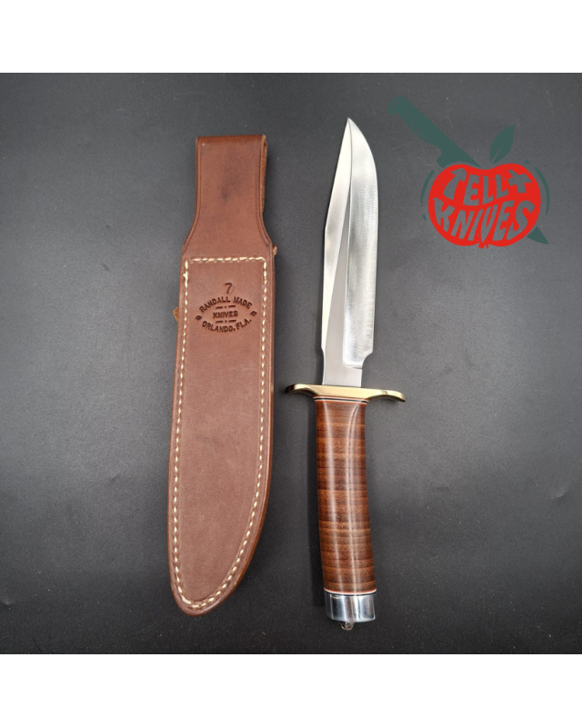 Randall Made Knives Model 1-7  forged carbon steel blade brass guard Duralumin pommel stacked leather handle