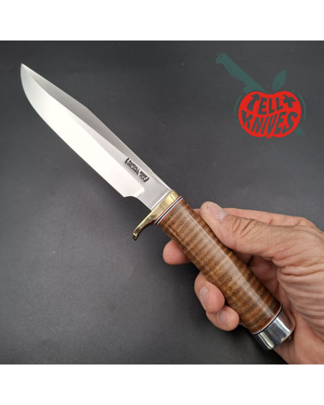 Randall Made Knives Model 5-6  forged carbon steel blade brass guard Duralumin pommel stacked leather handle