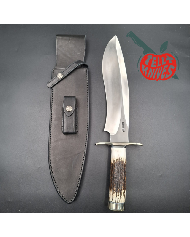 Randall Made Knives Model Sasquatch Large forged carbon steel stag handle nickel silver guard signed black leather sheath