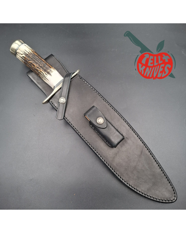 Randall Made Knives Model Sasquatch Large forged carbon steel stag handle nickel silver guard signed black leather sheath