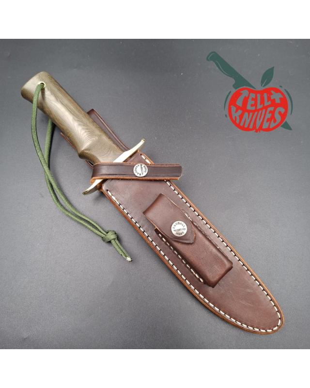 Randall Made Knives Model 16 SP1 Fighter forged stainless steel brass micarta handle brass guard brown leather sheath