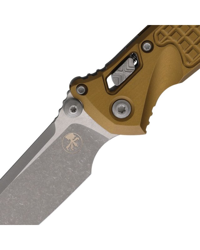 Microtech Socom M390MK steel Apocalyptic finish tan frag pattern aluminum handle RAM Lock