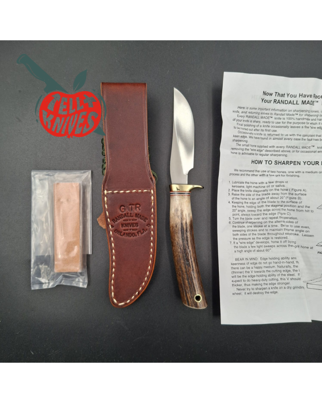 Randall Made Knives Model GTR Special forged stainless steel brass guard stag handle brown leather sheath