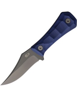 Auxiliary Manufacturing Deadhead Pocket Bowie fixed blade grey coated 14C28N stainless steel blue canva micarta handle