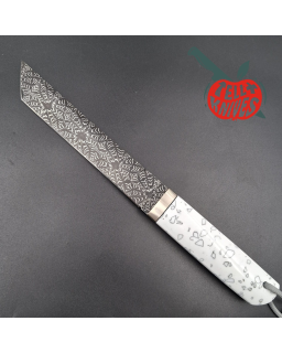 Sergey Shidlovskiy Custom Knives Tanto Blade Black Mosaic Damascus steel silver nickel guard artificial stone handle