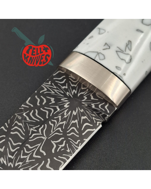 Sergey Shidlovskiy Custom Knives Tanto Blade Black Mosaic Damascus steel silver nickel guard artificial stone handle