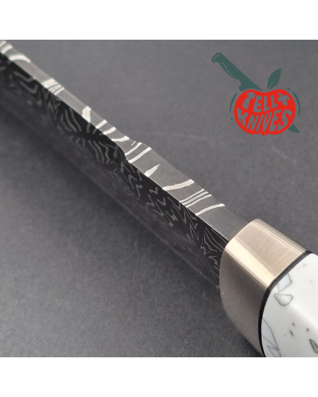Sergey Shidlovskiy Custom Knives Tanto Blade Black Mosaic Damascus steel silver nickel guard artificial stone handle