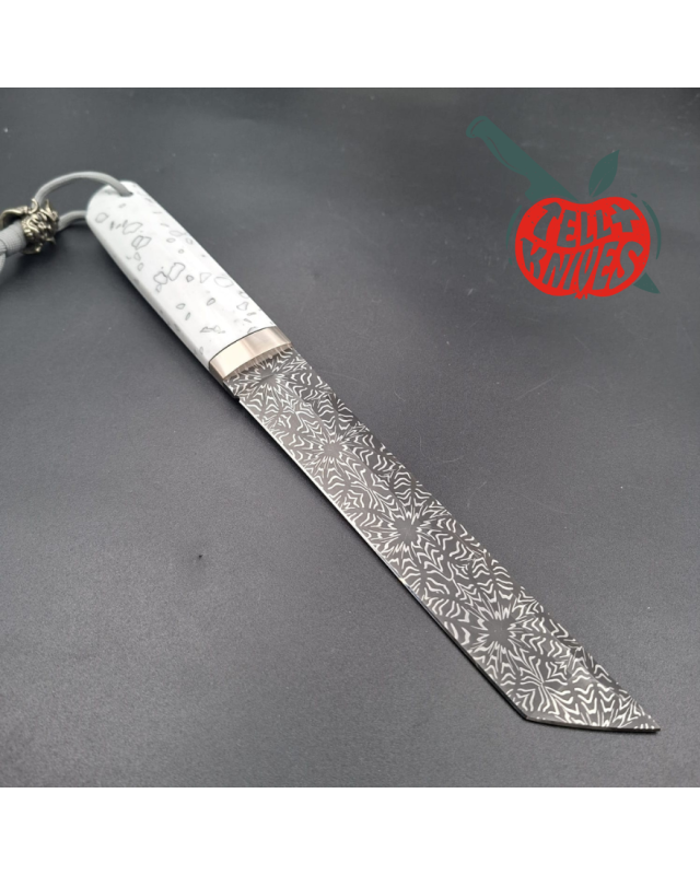 Sergey Shidlovskiy Custom Knives Tanto Blade Black Mosaic Damascus steel silver nickel guard artificial stone handle
