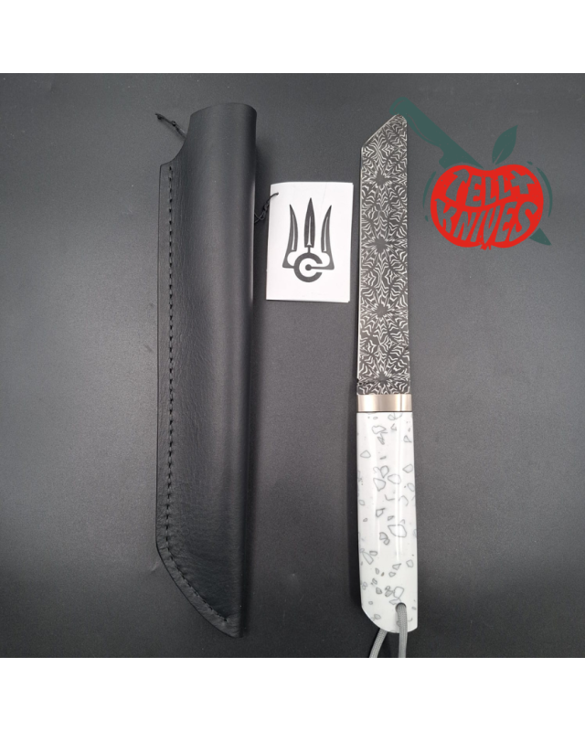 Sergey Shidlovskiy Custom Knives Tanto Blade Black Mosaic Damascus steel silver nickel guard artificial stone handle