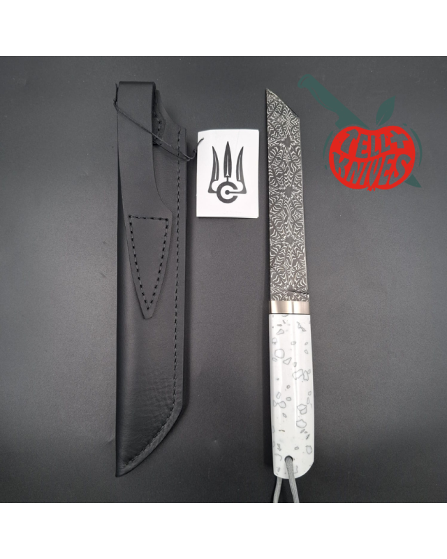 Sergey Shidlovskiy Custom Knives Tanto Blade Black Mosaic Damascus steel silver nickel guard artificial stone handle