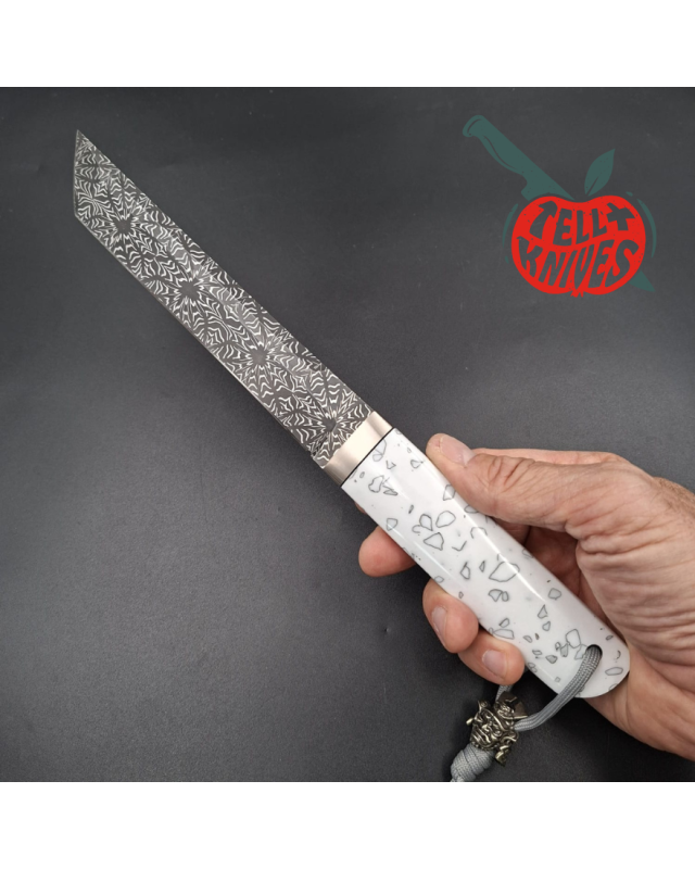 Sergey Shidlovskiy Custom Knives Tanto Blade Black Mosaic Damascus steel silver nickel guard artificial stone handle
