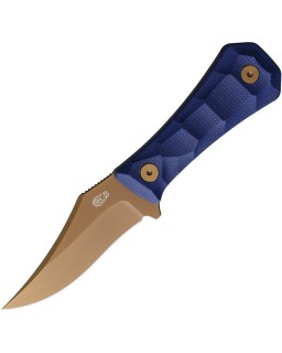 Auxiliary Manufacturing Deadhead Pocket Bowie fixed blade gold rose coated 14C28N stainless steel blue canva micarta handle