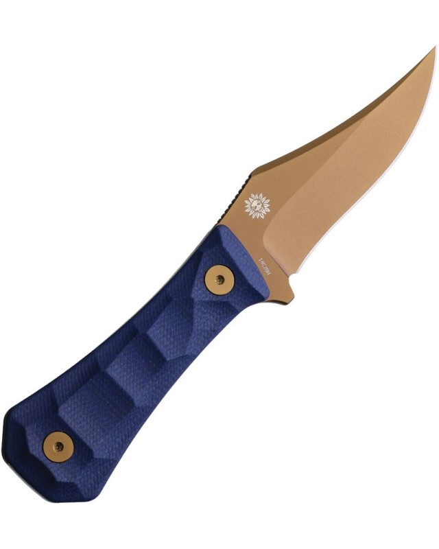 Auxiliary Manufacturing Deadhead Pocket Bowie fixed blade gold rose coated 14C28N stainless steel blue canva micarta handle