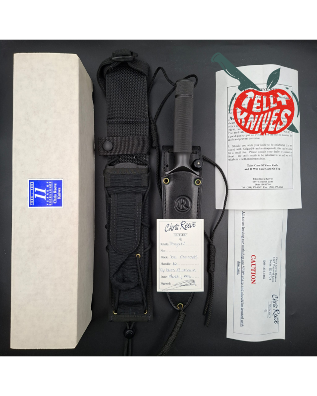 Chris Reeve 1996 Project 1 D2 tool steel grey cerakote coated fixed blade leather sheath and tactical sheath