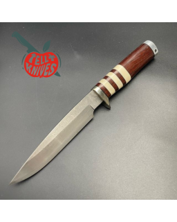 Hattori fixed blade Wild Road Hunter Cowry-X Damascus steel cocobolo and stag handle brown leather sheath