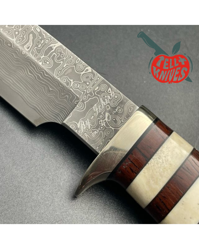 Hattori fixed blade Wild Road Hunter Cowry-X Damascus steel cocobolo and stag handle brown leather sheath