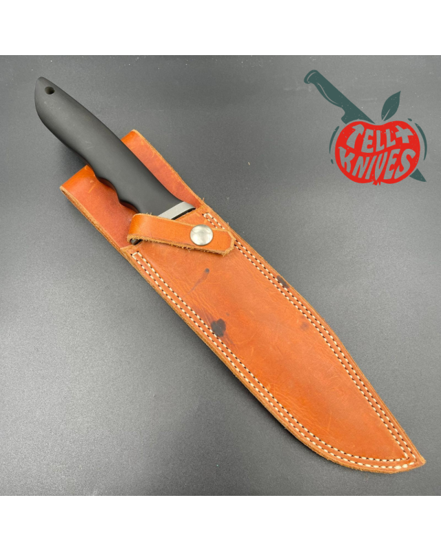 Steve Mullin Pack River Knife Co. Fighter Knife sandblasted finish blade black micarta handle brown leather sheath