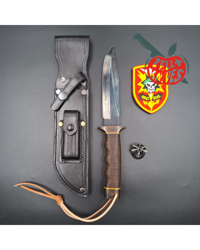 La Grotte du Loup MACV SOG Fighter SF forged carbon steel blade brass guard and pommel stacked leather handle with box
