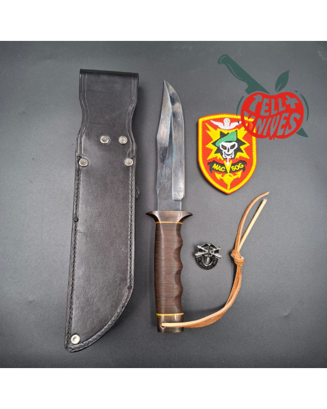 La Grotte du Loup MACV SOG Fighter SF forged carbon steel blade brass guard and pommel stacked leather handle with box
