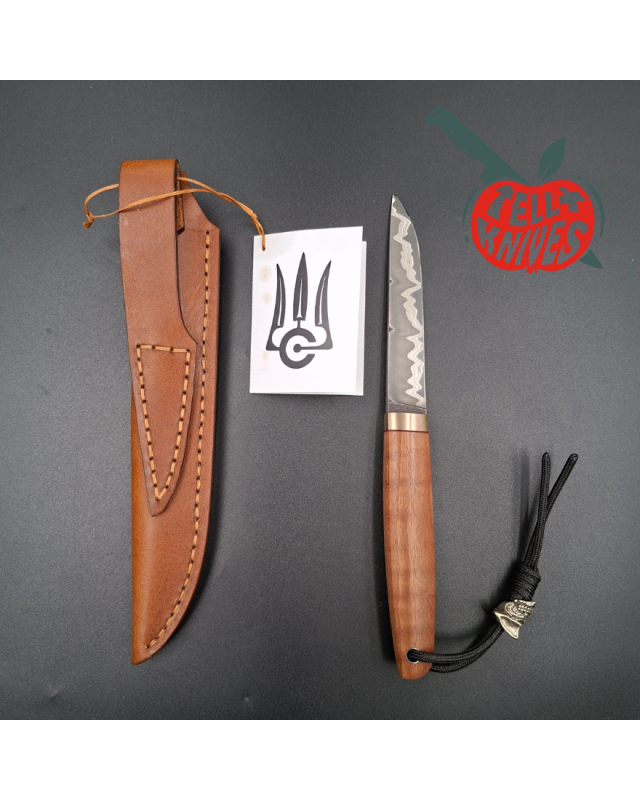 Sergey Shidlovskiy Custom Knives Mini Drop Point K390/N690 laminate steel mango wood handle brown leather sheath