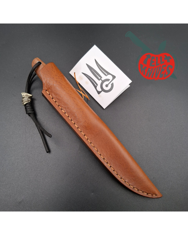 Sergey Shidlovskiy Custom Knives Mini Drop Point K390/N690 laminate steel mango wood handle brown leather sheath