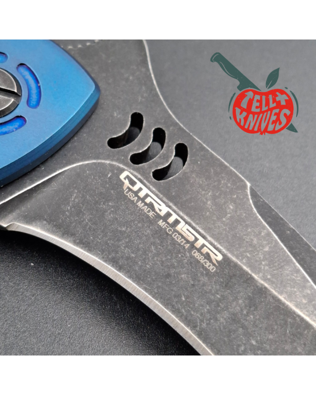 Quartermaster 2014 QSE 4tt folding knife CPM-154 stainless steel blackwash finish gray and blue titanium handle framelock