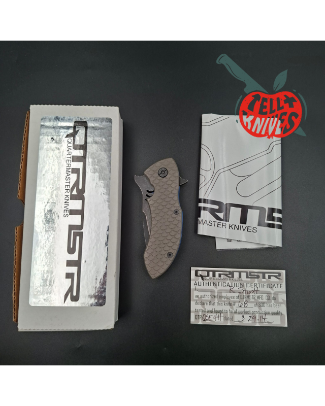 Quartermaster 2014 QSE 4tt folding knife CPM-154 stainless steel blackwash finish gray and blue titanium handle framelock
