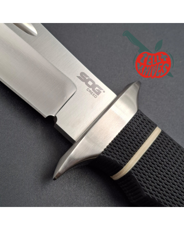 SOG Creed USMC FORCE RECON AUS8 steel satin finish Kraton handle black leather sheath