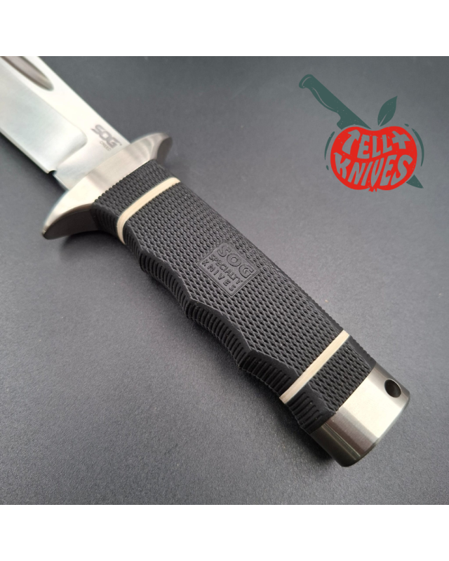 SOG Creed USMC FORCE RECON AUS8 steel satin finish Kraton handle black leather sheath