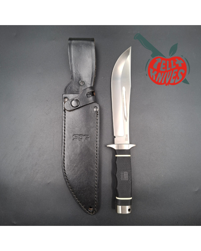 SOG Creed USMC FORCE RECON AUS8 steel satin finish Kraton handle black leather sheath