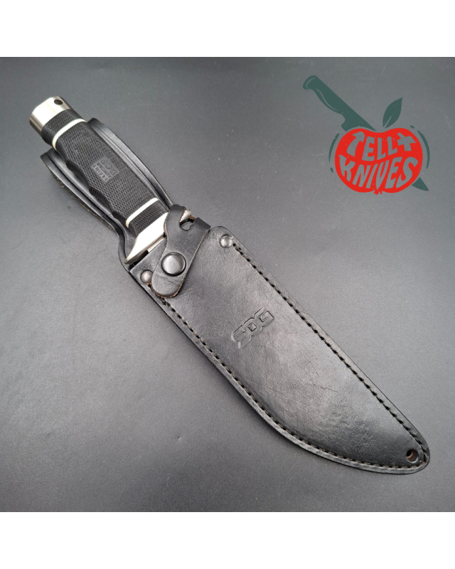 SOG Creed USMC FORCE RECON AUS8 steel satin finish Kraton handle black leather sheath