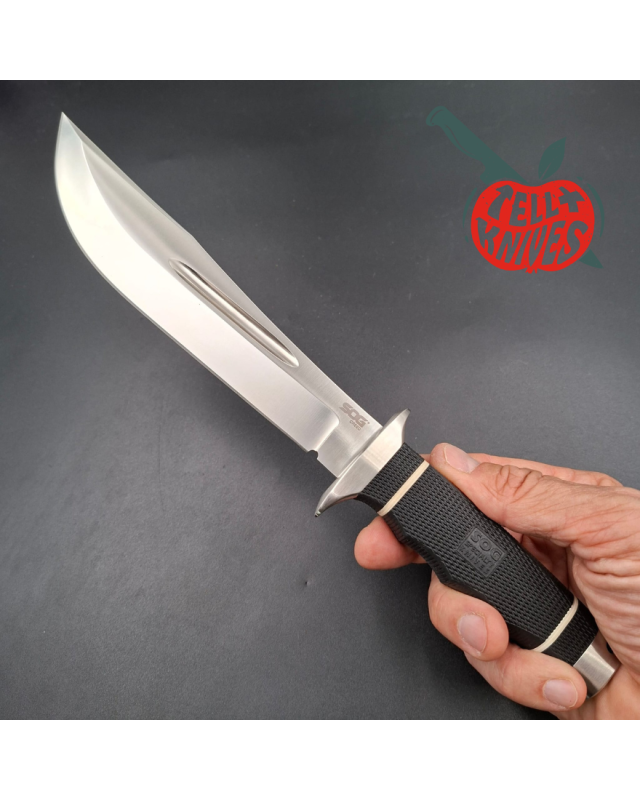 SOG Creed USMC FORCE RECON AUS8 steel satin finish Kraton handle black leather sheath