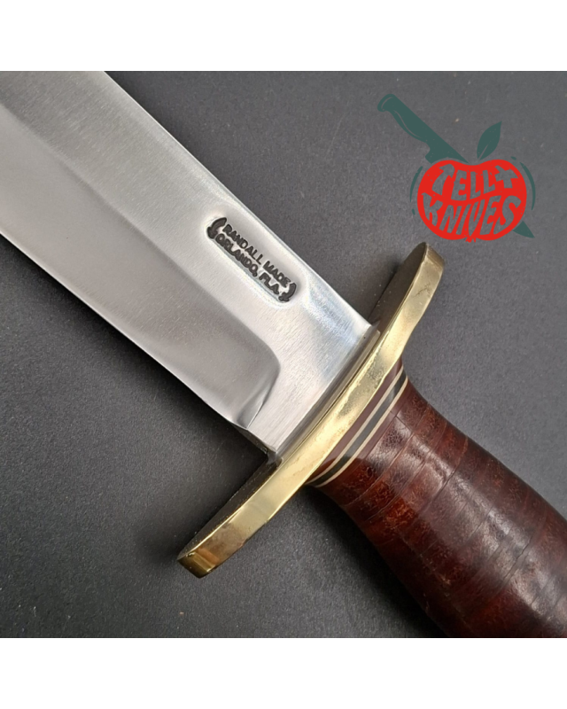 Randall Made Knives 1980ies Model 12-9 Sportsman Bowie forged carbon steel stacked leather handle brass guard Duralumin