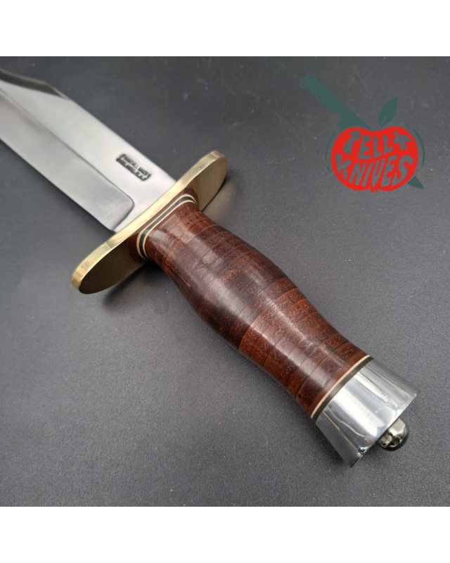 Randall Made Knives 1980ies Model 12-9 Sportsman Bowie forged carbon steel stacked leather handle brass guard Duralumin