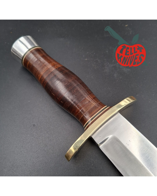 Randall Made Knives 1980ies Model 12-9 Sportsman Bowie forged carbon steel stacked leather handle brass guard Duralumin
