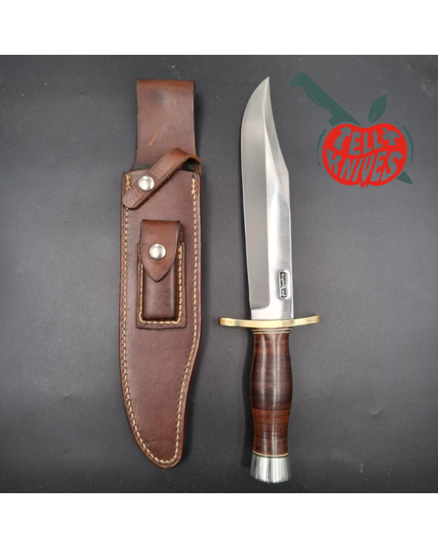 Randall Made Knives 1980ies Model 12-9 Sportsman Bowie forged carbon steel stacked leather handle brass guard Duralumin