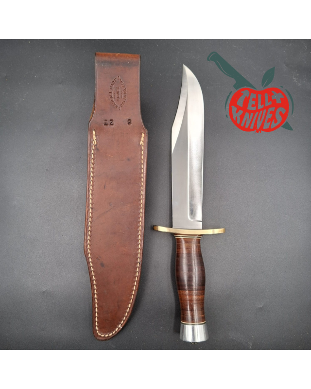 Randall Made Knives 1980ies Model 12-9 Sportsman Bowie forged carbon steel stacked leather handle brass guard Duralumin