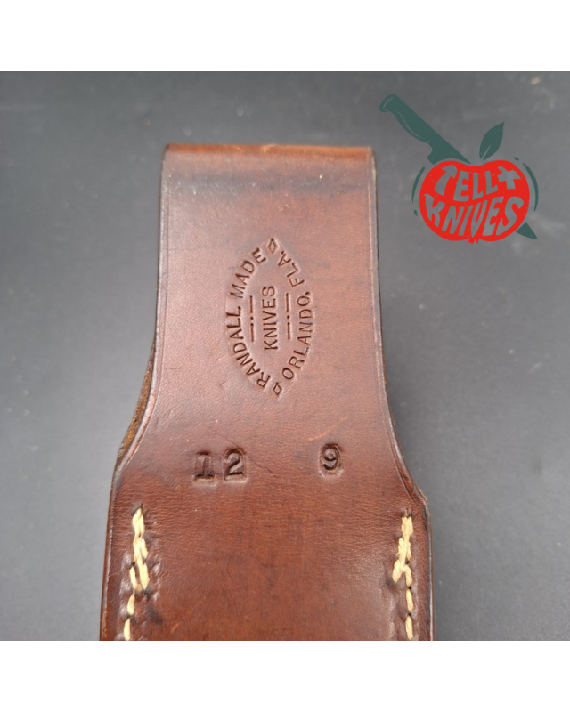Randall Made Knives 1980ies Model 12-9 Sportsman Bowie forged carbon steel stacked leather handle brass guard Duralumin