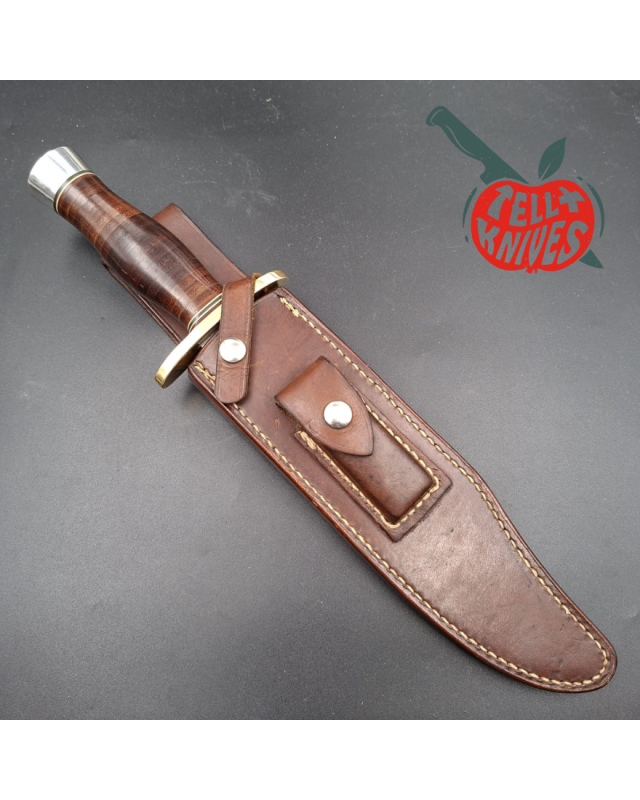 Randall Made Knives 1980ies Model 12-9 Sportsman Bowie forged carbon steel stacked leather handle brass guard Duralumin