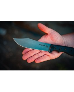 TOPS Knives Badger Creek Bowie full tang N690Co stainless steel tumble finish black canva micarta handle black kydex sheath
