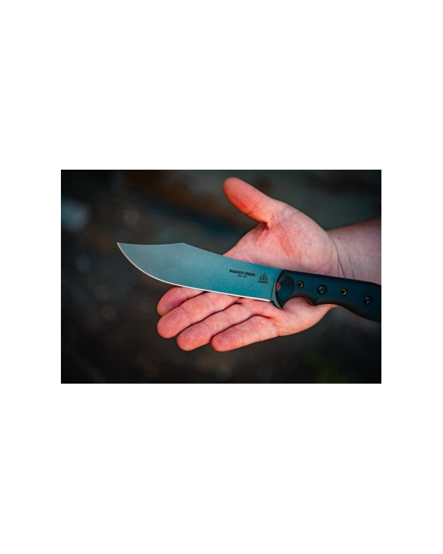 TOPS Knives Badger Creek Bowie full tang N690Co stainless steel tumble finish black canva micarta handle black kydex sheath