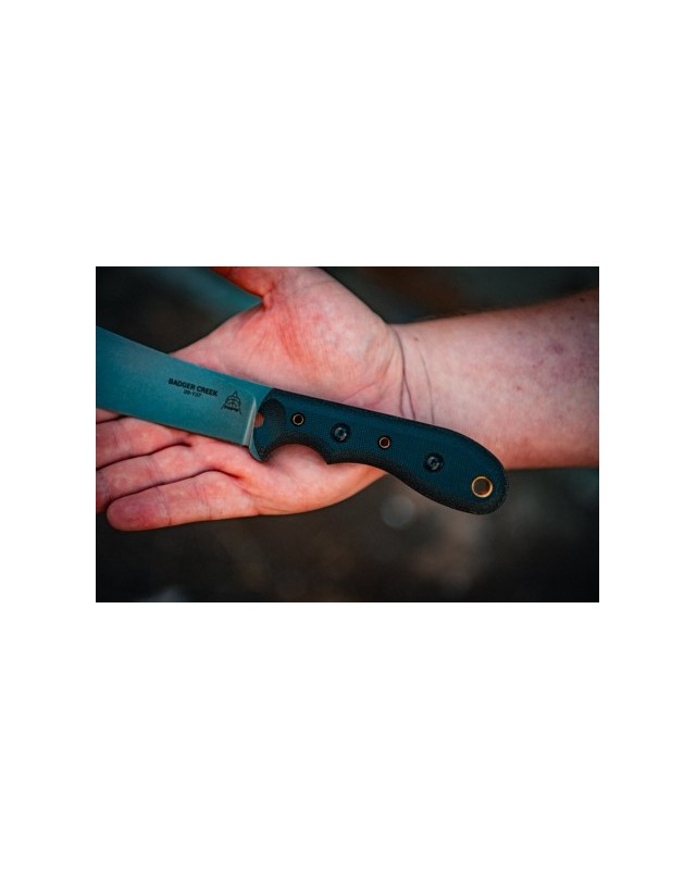 TOPS Knives Badger Creek Bowie full tang N690Co stainless steel tumble finish black canva micarta handle black kydex sheath