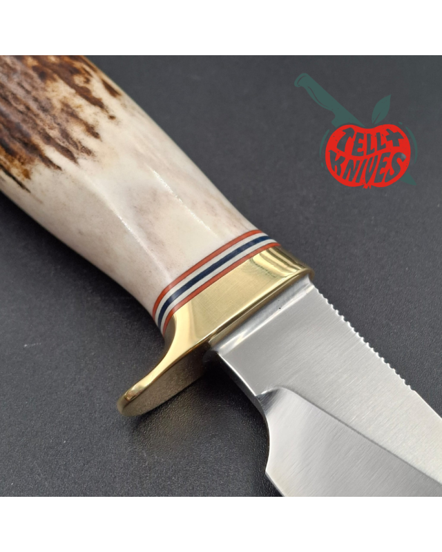 Randall Made Knives Model 21 forged carbon steel brass guard stag handle brown leather sheath