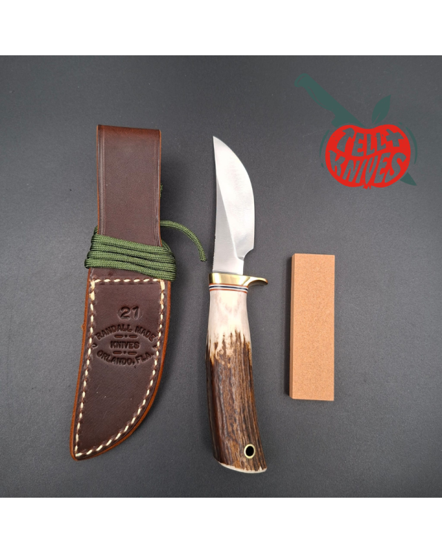 Randall Made Knives Model 21 forged carbon steel brass guard stag handle brown leather sheath