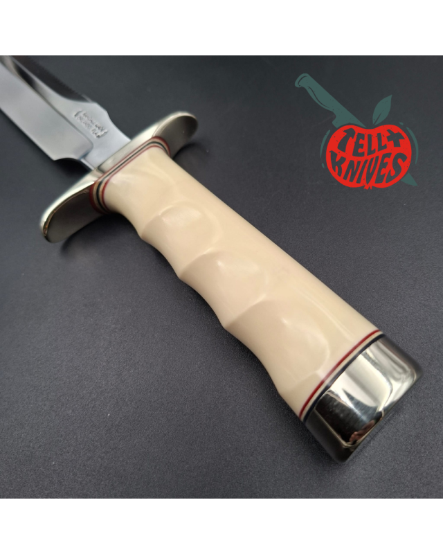 Randall Made Knives Model 1-8 forged stainless steel ivorite handle black leather sheath with stone