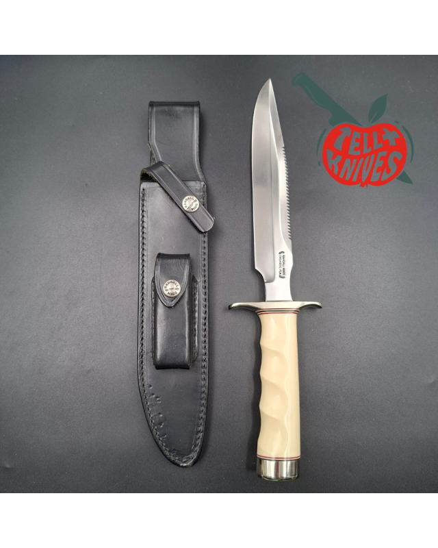 Randall Made Knives Model 1-8 forged stainless steel ivorite handle black leather sheath with stone