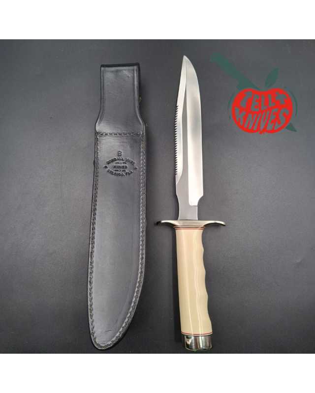 Randall Made Knives Model 1-8 forged stainless steel ivorite handle black leather sheath with stone